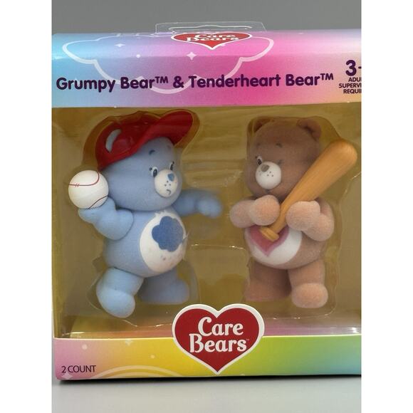 Care Bears Flocked Mini Figures Grumpy Bear Tenderheart Baseball Sports New - Picture 2 of 9